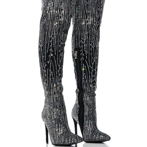 AZALEA WANG " GLAZED GLAMOUR " RHINESTONE SPARKLE STILETTO BLACK BOOT(BRAND NEW! - Picture 1 of 6